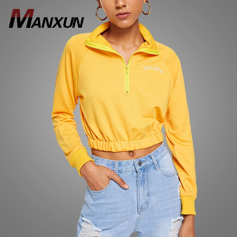 Custom Slogan Embroidered Half Zip Up Sweatshirt Women Crewneck Cropped Sweatshirt Top