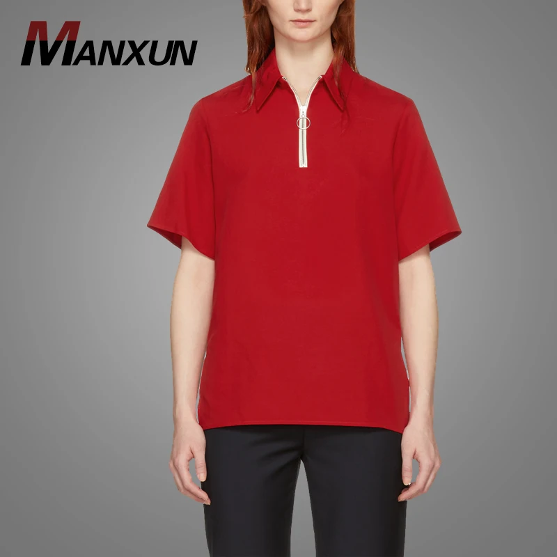 New Customized Logo Cotton Women Polo Shirt Half Zipper Ladies Red Polo Neck Shirt 2018