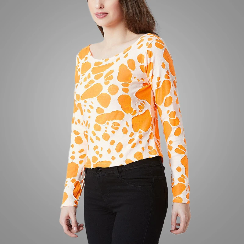 Latest Design Crew Neck Long Sleeve Fashion White and Orange Hole Girls Women T-shirt Lady