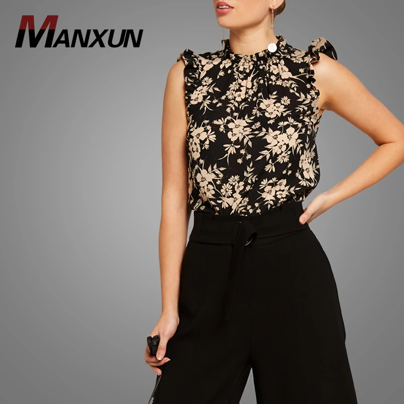 Summer Western Style Sleeveless Ladies Tops Elegant Floral Printed Women Apparel Elastic Collar Blouse Clothing