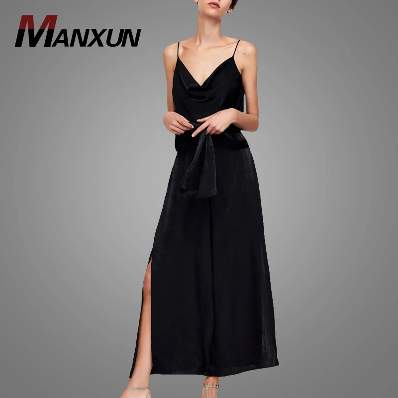 Autumn New Arrival Sexy Deep V Neck Sleeveless Rompers Plus Size Wide Leg Slit side Elastic Waist Jumpsuits for Women