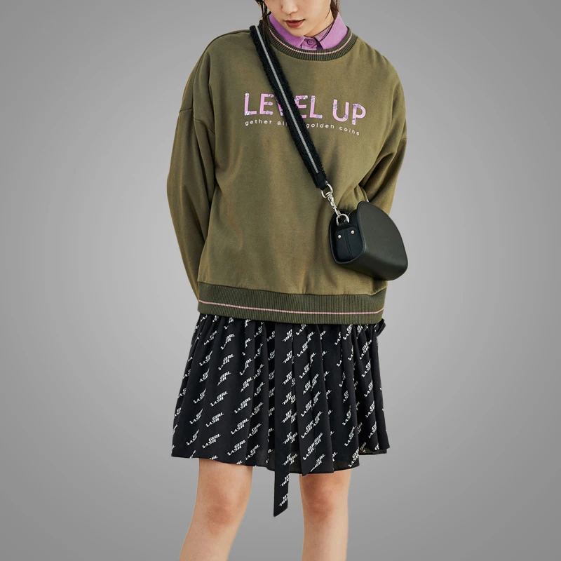 New Arrival Spring Army Green Crew Neck dropped shoulder Sweatshirt Fashion Letters Slogan Sequin Womens Pullover