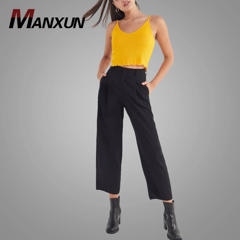Custom Side Pocket Women Casual Long Pants Hot Sale Tapered Leg Women Pants Black Pleated Pant