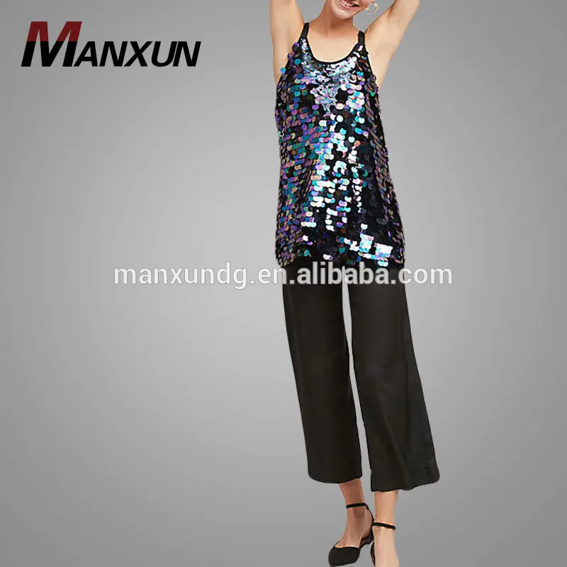 New Fashion Women Blouse Shining Paillette Spandex Tank Tops Sleeveless Customized Sequined Tank Top