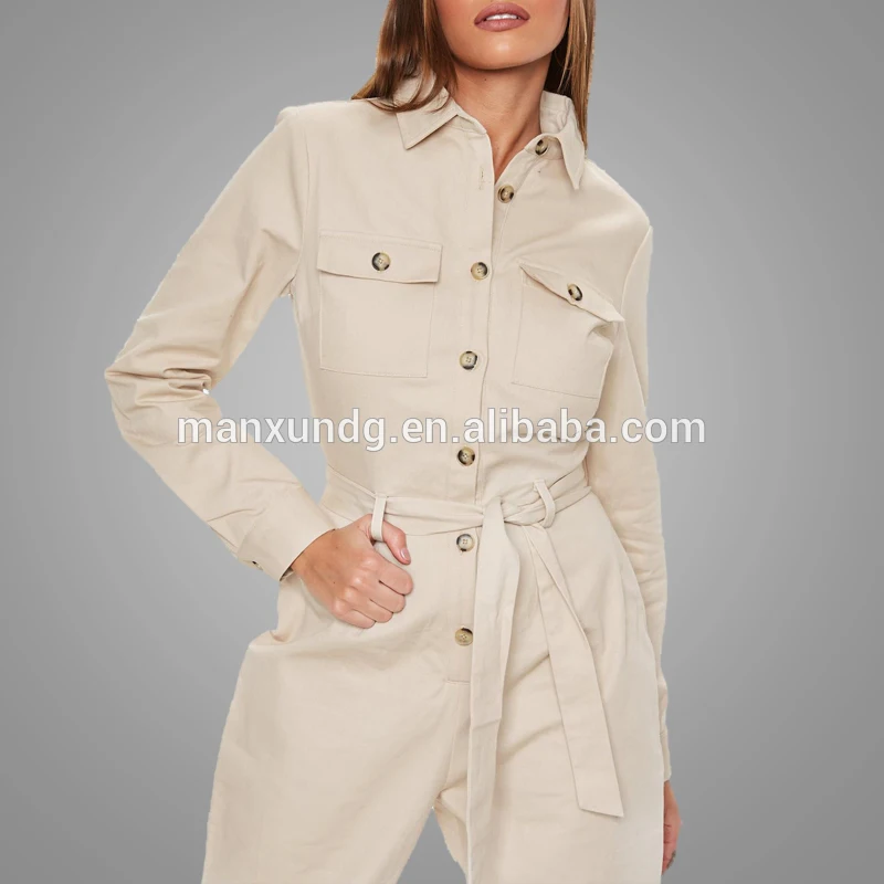 High Quality Waist Belted Workwear One Piece Women Khaki Jumpsuit 2018 5