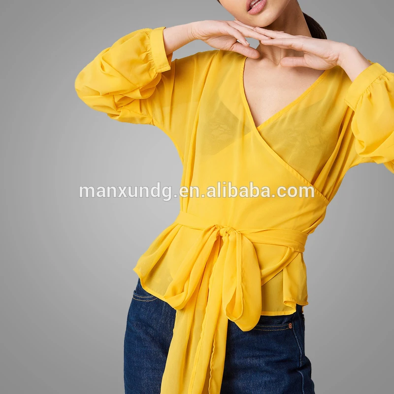  High Quality long sleeve nude color chiffon blouse 7