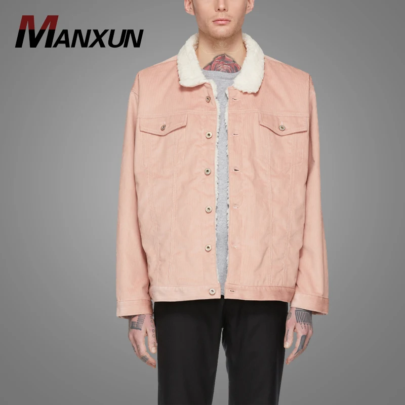 Latest Design Pink Oversized Inside Fur Jacket Cotton Corduroy Winter Men Jacket 2018
