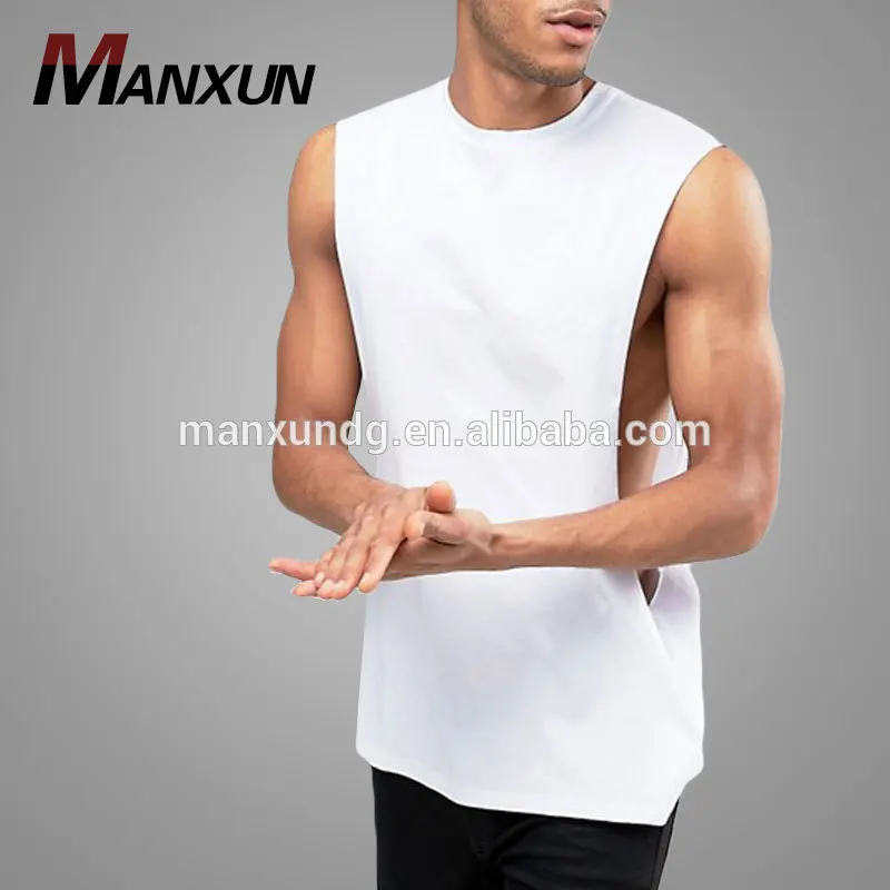 High Quality Casual Men Clothing Blank T Shirt 100% Cotton Dropped Armhole White Oversized Sleeveless T-Shirt