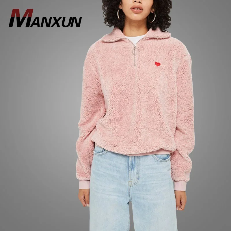 High Quality Faux Fur Hoodie Embroidered Heart Zip Funnel Sweatshirt Woman Fleece Jackets