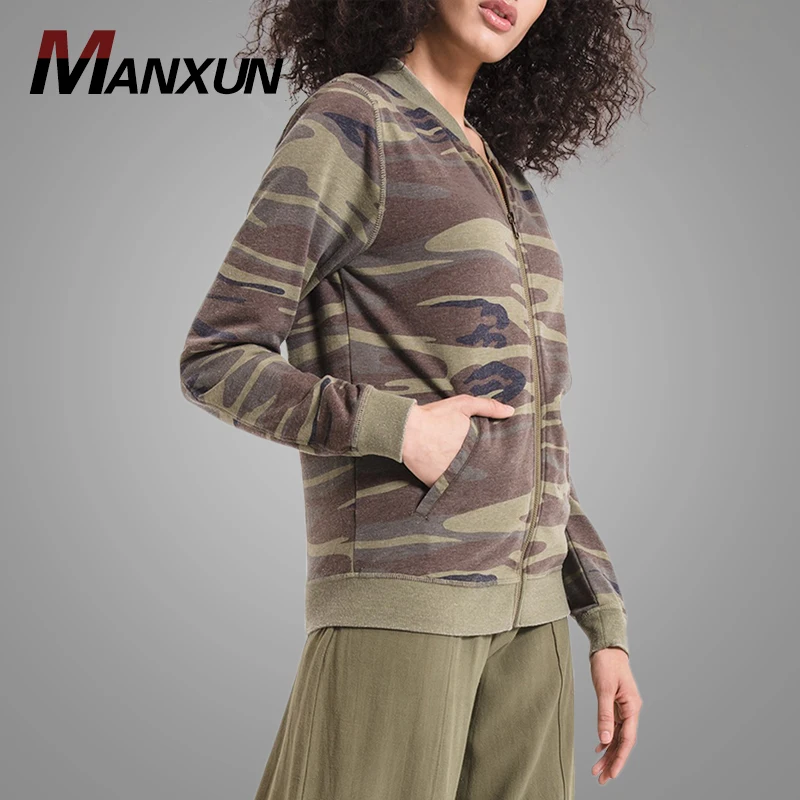 Camo Army Green Zip-up Women Jacket New Design Full Sleeve Bomber Jacket for Women