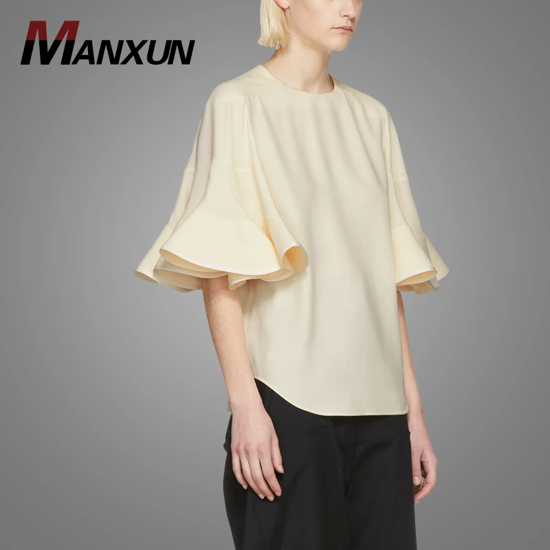 High Quality Ruffled Cuffs Curved Hem Women T Shirt Jersey Ladies T-Shirt