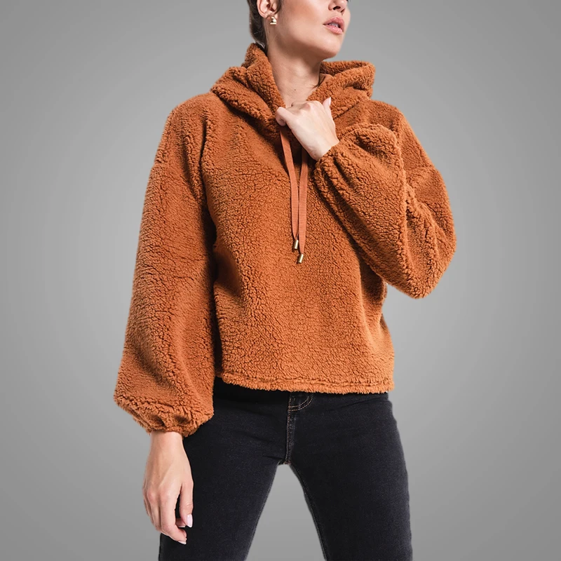 Newest Casual Coffee Womens Faux Fur Soft Sherpa Hoodie Women Teddy Elastic Cuffs Oversized Sweatshirt