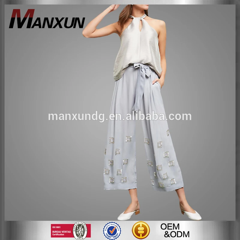 Custom Design Women Top Fashion Loose Wide-Leg Pants Embellished With Bead Tie-Waist Closure Female Pants