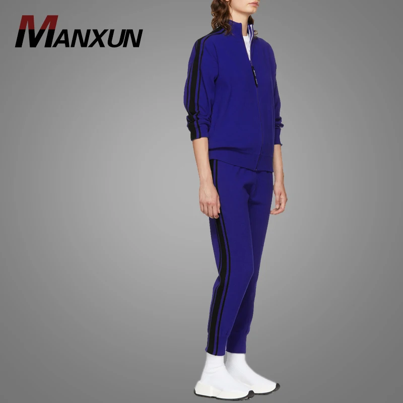 Latest Design Blue Side Stripe Track Slim Fit Tracksuits Jacket Sports Sets Gym Women Tracksuit