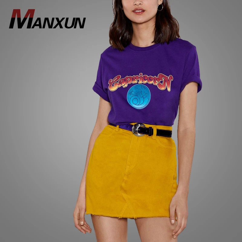 China High Quality Purple Girl Tee Shirts Pattern Printing Short Sleeve Women T Shirt 2018