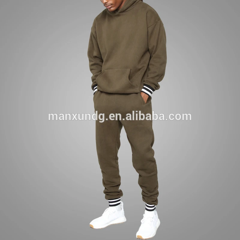 Custom Design Striped Hem Hoodie Tracksuits Mens Plain Green Winter Sportswear Tracksuit