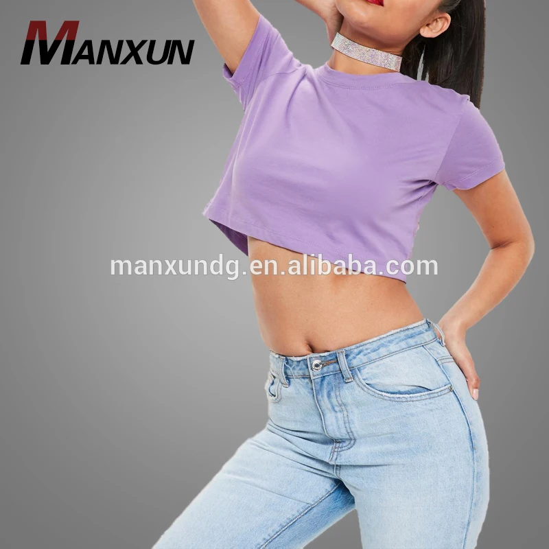 High Quality Purple Cap Sleeve Crop Tshirt 100% Cotton Women Plain T Shirt