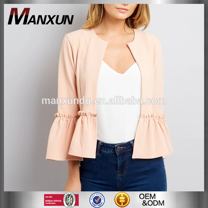 Dongguan City Factory Wholesale Ladies Coats And Cardigan Pink Frill Hem Jacket