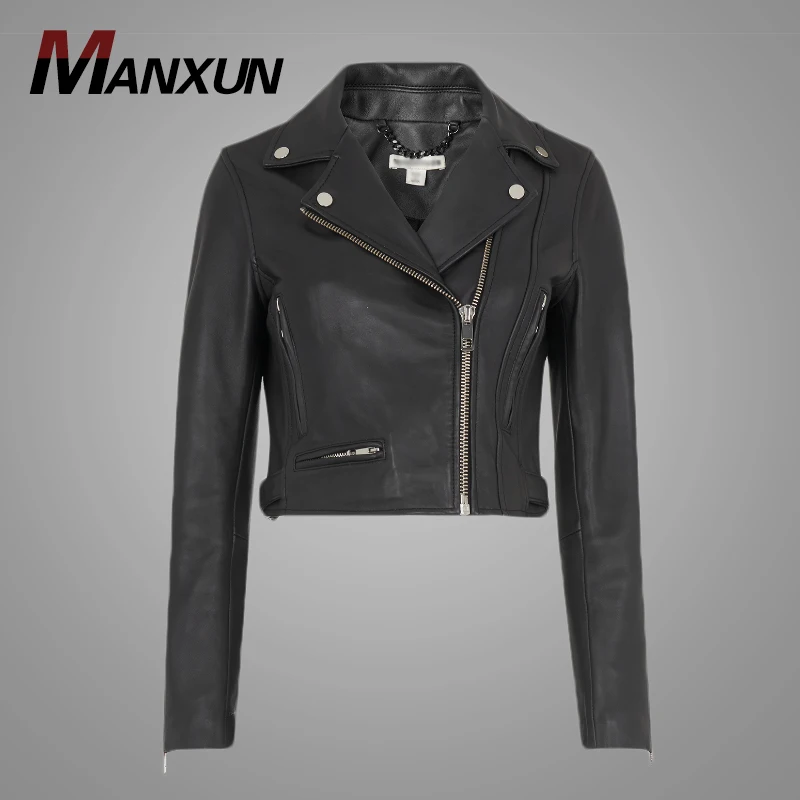 Top Design V-neck Zip-up Women Crop Leather Jacket Slim Fit Cool Waterproof Motorcycle Jacket for Women