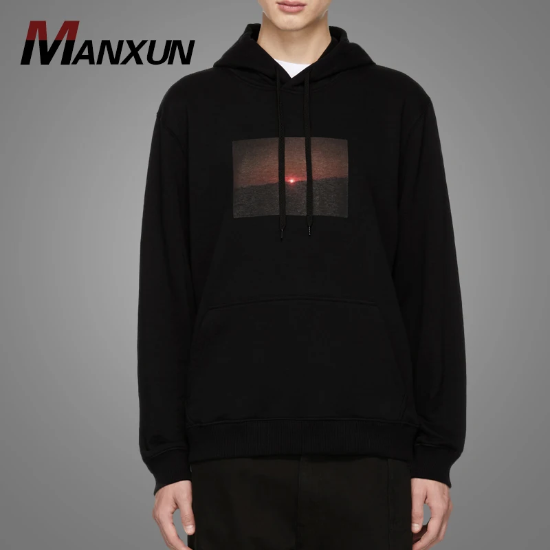 Wholesale Custom High Quality 100% Cotton  Pullover Hoodies Fashion Black Kangaroo Printing Hoody Sweatshirts Men