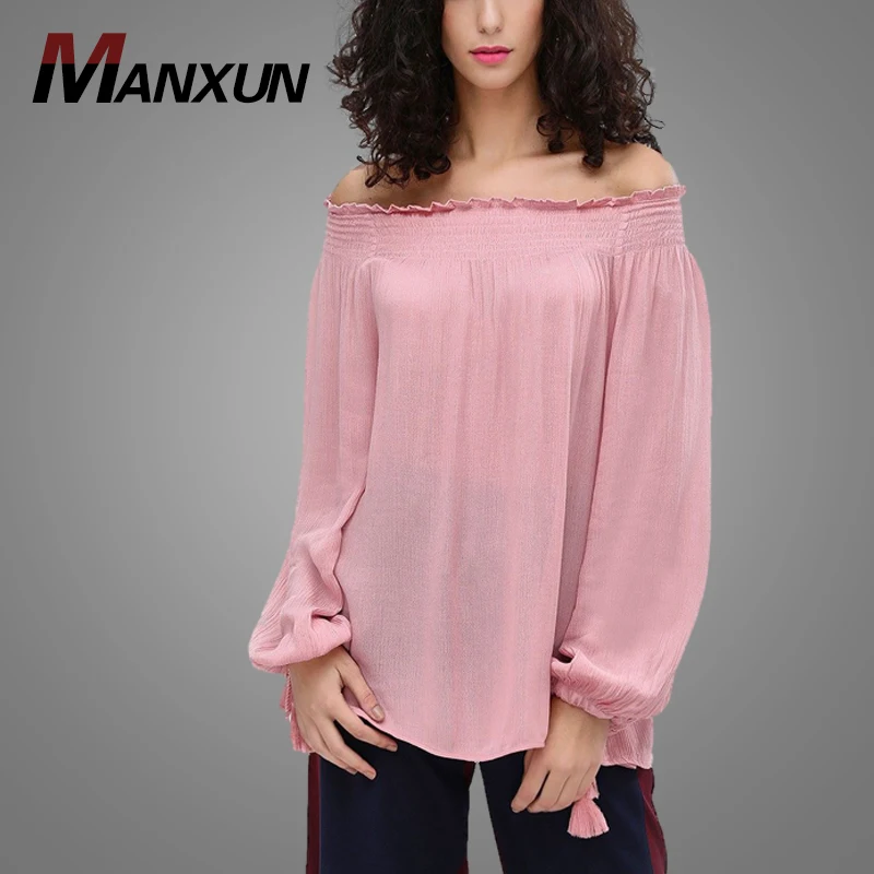 New Design Chiffon Pink Off Shoulder Blouse Trenty Feminine Normal Lady Blouse Design