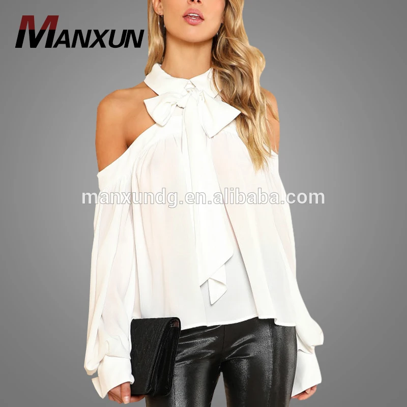 China Supplier Wholesale Cold Shoulder Halter White Chiffon Ladies Blouse