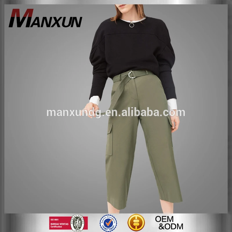 Hot Selling Ladies Vintage Wide Leg Cropped Casual Pants Flap Pocket Design Pure Color With Detachable Belt Trousers