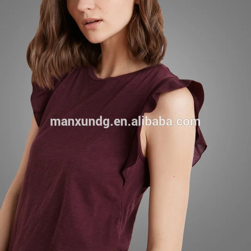 Fashion Tees Shirts For Ladies Cropped Marvel Cotton Slub Ruffle Sleeves Tee Custom T shirt Printing 3