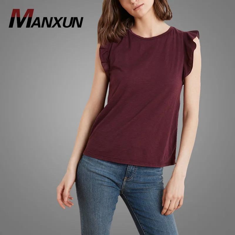 Fashion Tees Shirts For Ladies Cropped Marvel Cotton Slub Ruffle Sleeves Tee Custom T shirt Printing