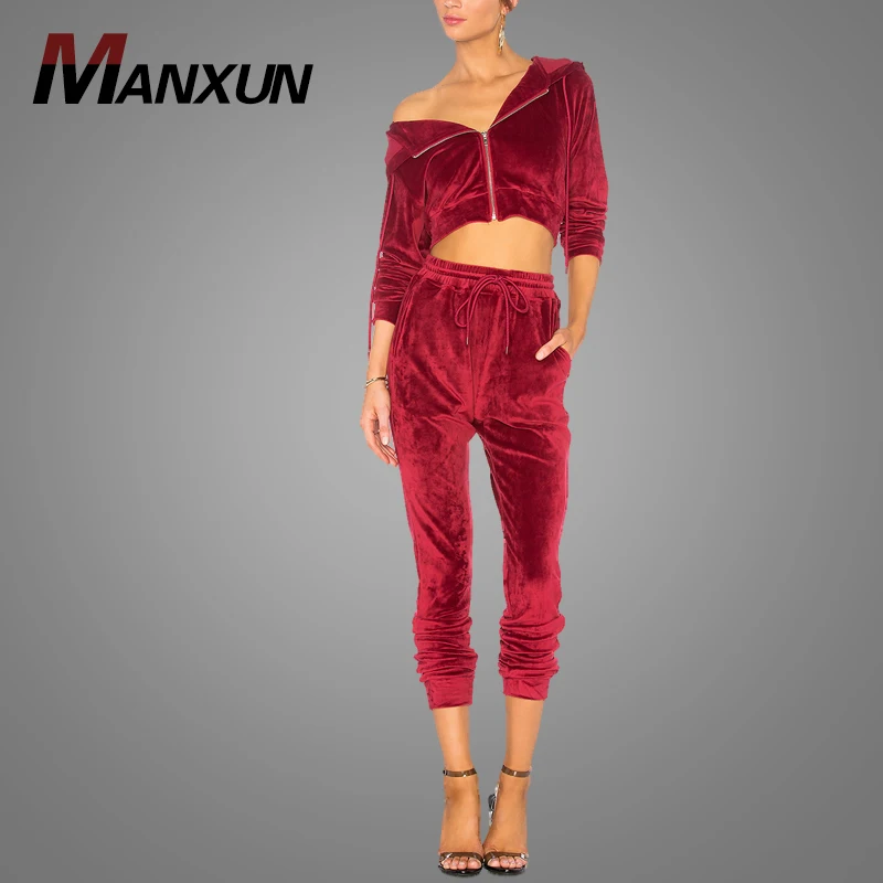 High Quality Velour Girls Crop Top Red Tracksuit Slim Fit Velvet Sport Suit Women Tracksuits