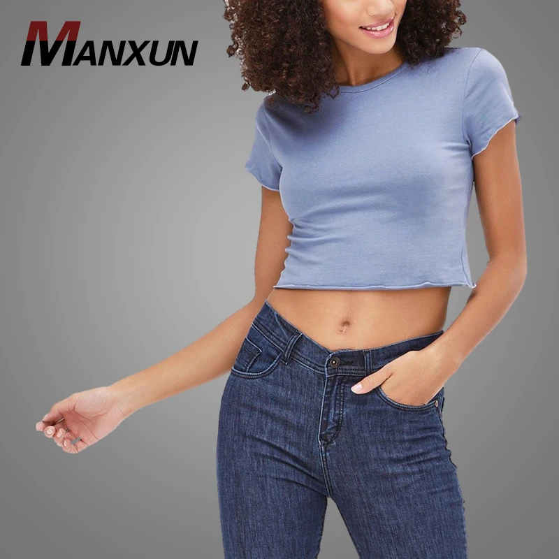 Wholesale Cheap Round Neck Crop Ladies Top T-Shirt Short Sleeve Red Blue Slim Casual T Shirt