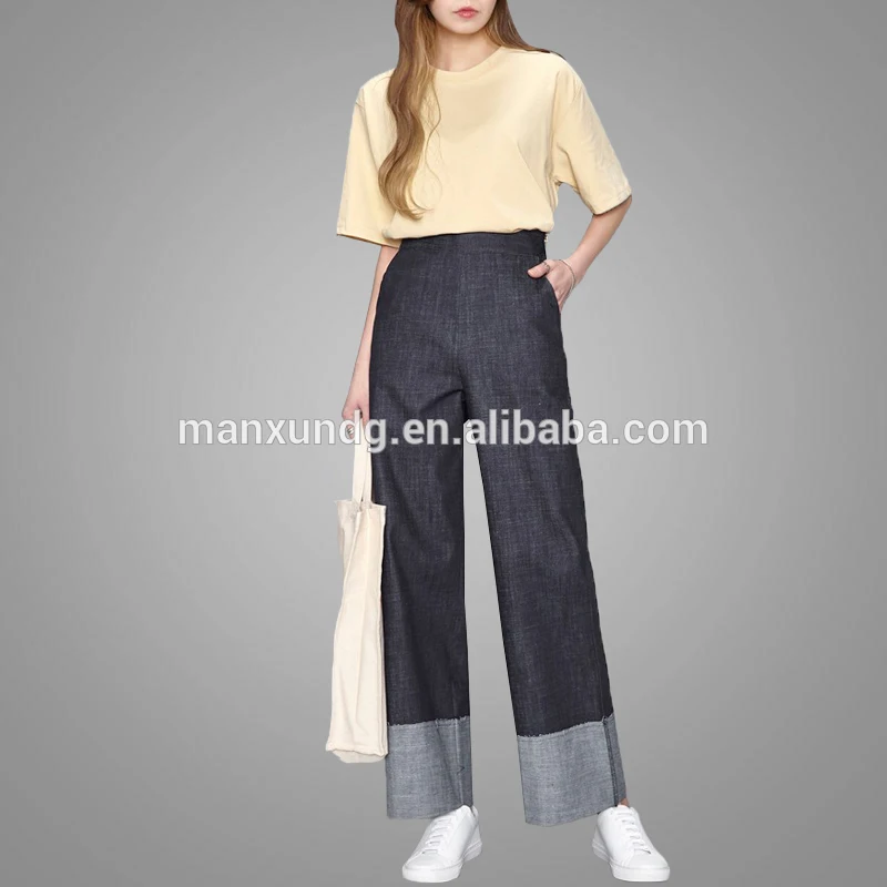 New Style Loose High-waisted Cropped Flare Jeans Poll Up Wide Fit Pants Antiqued Gold Side Zipper Trousers