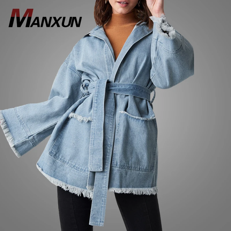 Newest Design Fashion Baby Blue Boyfriend Style Denim Jacket Oversized Long Vintage Button Up Raw Hem Jean Jacket Wholesale