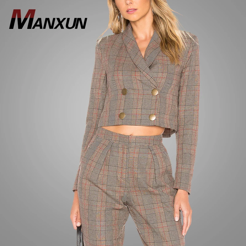 Custom Business Casual Vintage Charm Cropped Jacket Fashion Womens Classic Tartan  Plaid Jackets & Coats 2018