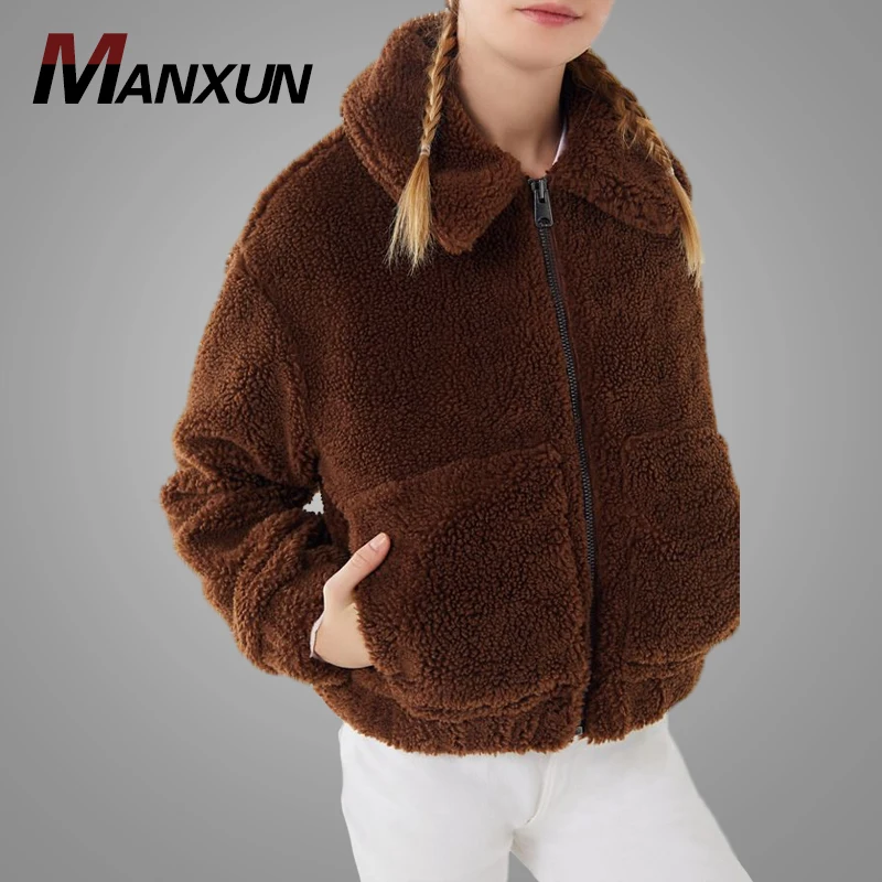 Fashion Winter Faux Fur Cropped Teddy Jacket Coffee Crewneck Thicker Teddy Coat Women 2019 jaket hoodie
