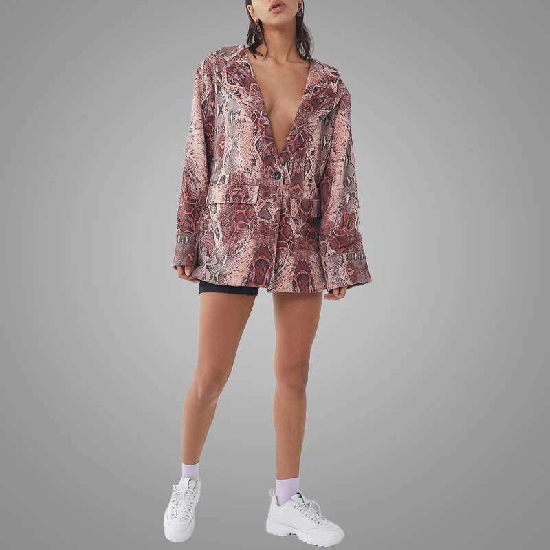 Latest Design Snake Print Relaxed Blazer Lady Waterproof Jacket Deep V-neck Sexy Jacket Women 3