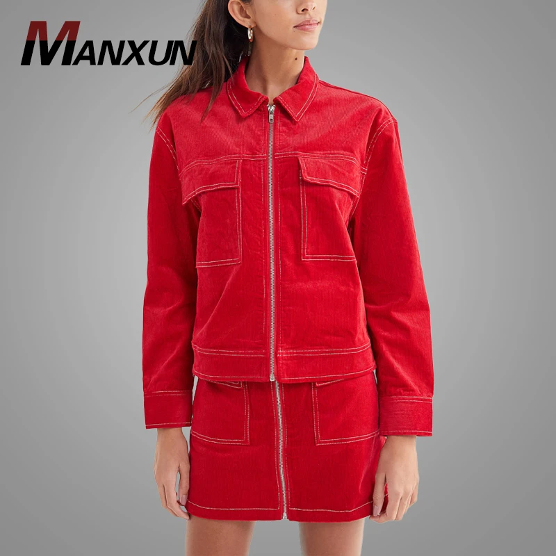 Red Corduroy Zip-Front Women Jacket Elegant Women 3 Pieces Full Zip Jacket Set with Mini Dress and Vest