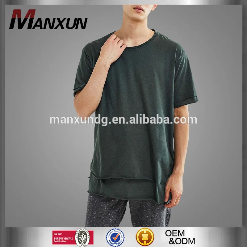 Plain Men Tee Shirt Double Layer Raw Neckline T - Shirt Men Top Finish With Asymmetrical Hemline With Raw Cutside - Split