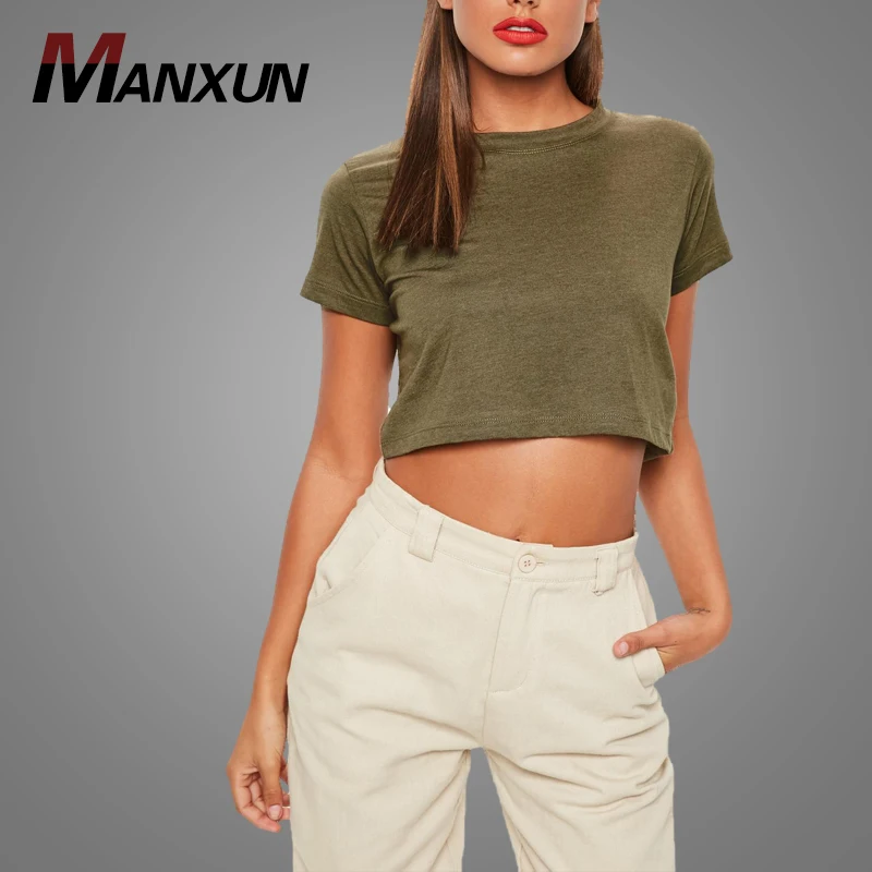Wholesale Cheap Khaki Cropped Short Sleeve T Shirt Slim Fit Cotton Women Blank T-Shirt 2018