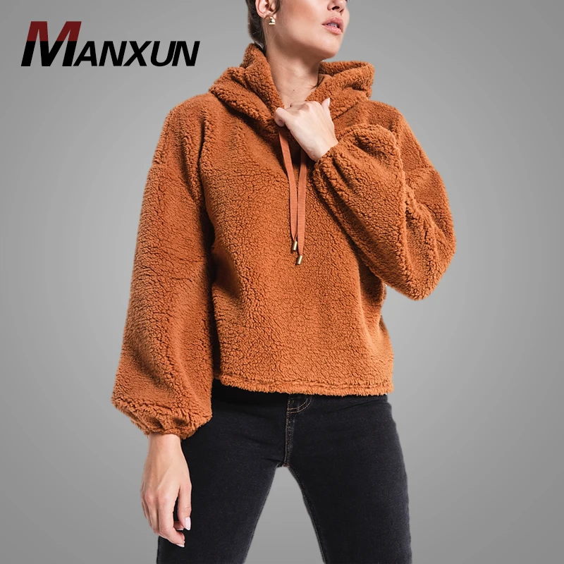 Newest Casual Coffee Womens Faux Fur Soft Sherpa Hoodie Women Teddy Elastic Cuffs Oversized Sweatshirt