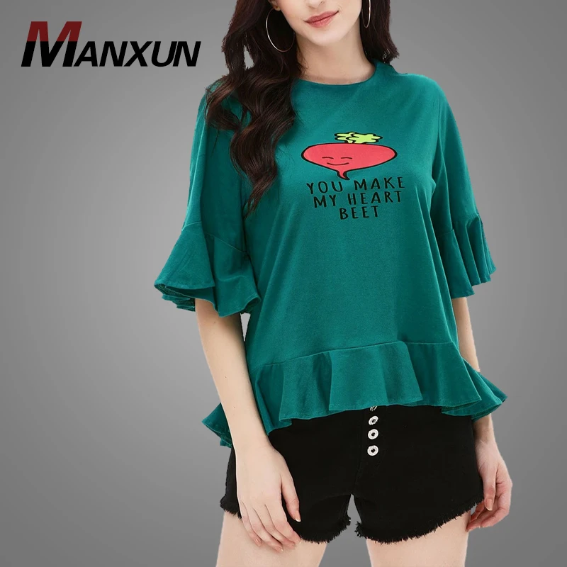 High Quality Cotton Bule Women T Shirt Ruffle Bottom Ladies Tshirt 2018