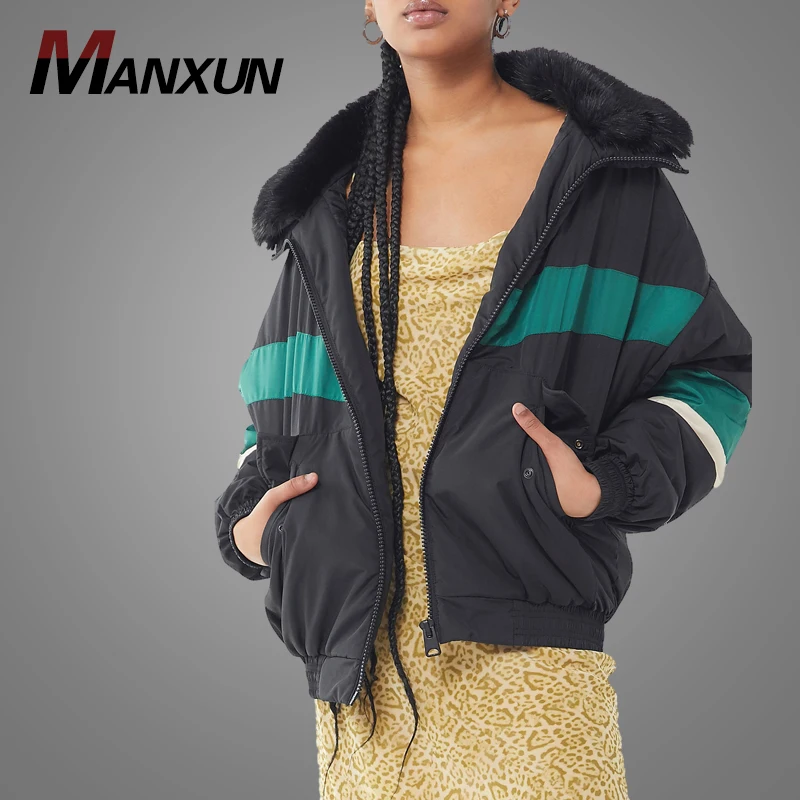 New Design Colorblock Ski Jacket With Fur Collar Women Winter Thick Down Short Jacket