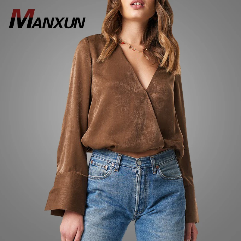 Best Sale Good Quality  Women Long Sleeve Brown Blouse Tops Sexy Wrap Satin Blouse Designs