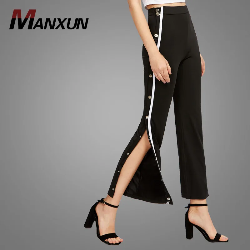 2018 Elegant Women Trousers Designs Tape Button Side Black Pants Wide Leg Pants