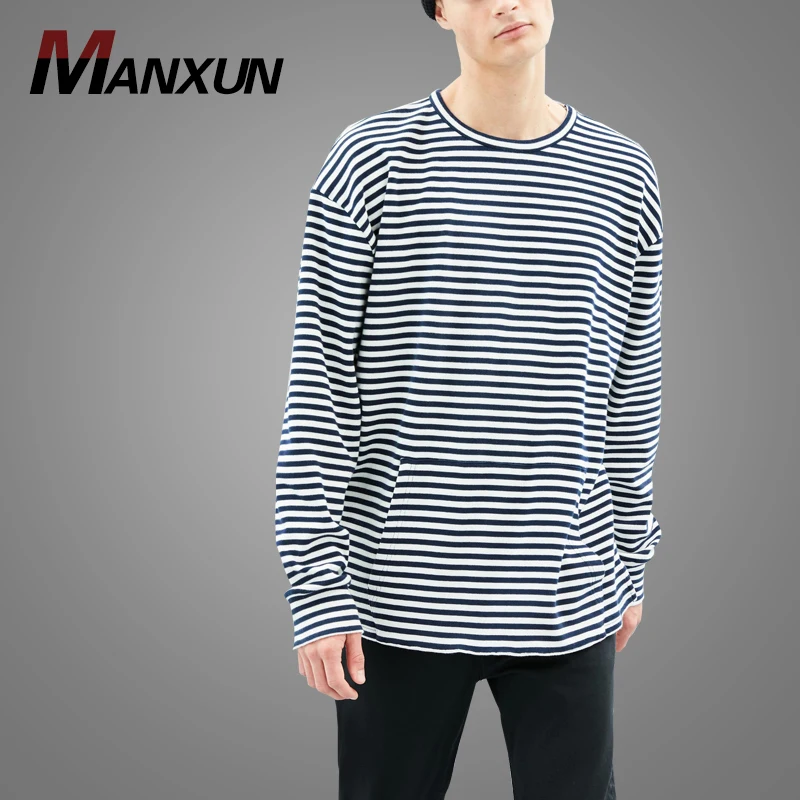 High Quality White And Black Striped Crewneck Tshirt Sweatshirt Mens Long Sleeve T-shirt
