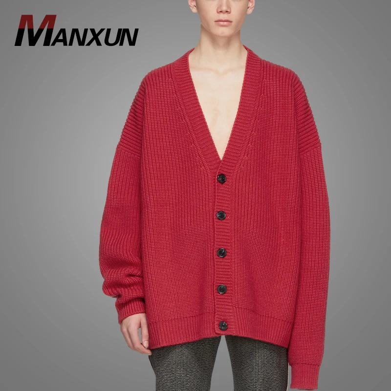 High Quality Long Sleeve Knitted Red Wool Cardigan Sweater For Men 2018