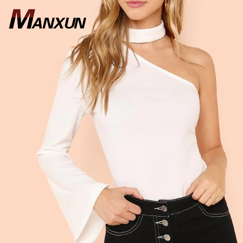 Summer Tops New Design Women One Shoulder Blouses Elegant Bell Sleeve Blouse Tops