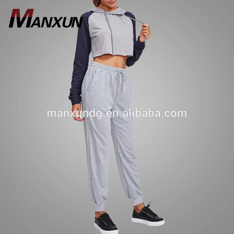 Hot Sale Sport Womens Tracksuit Drawstring Pullover Crop Hoodie Plain Sweat Suits