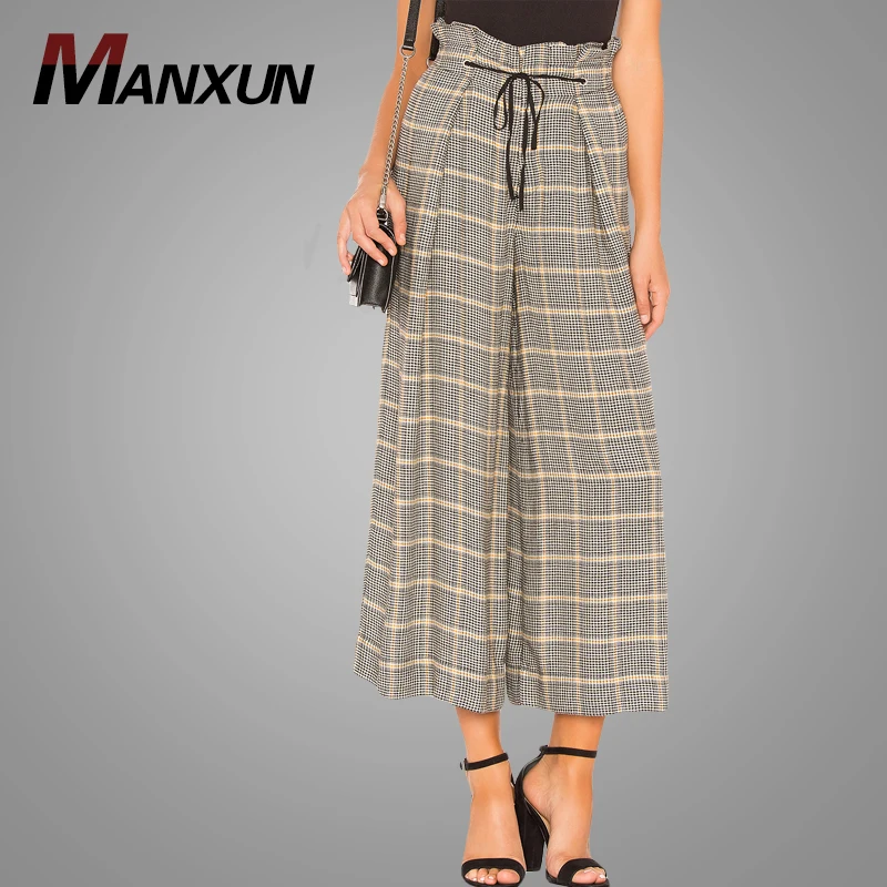 Latest Design Fashion Women Plaid Drawstring Pants Custom Vintage Elegant Casual Pants Trousers 2018