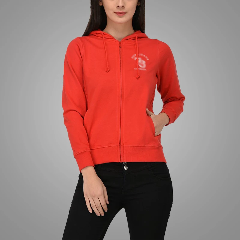 New Arrival High Quality Slim Fit Woven Fleece Women Jacket Custom Logo Red Zipper-up Hoodies with Hood